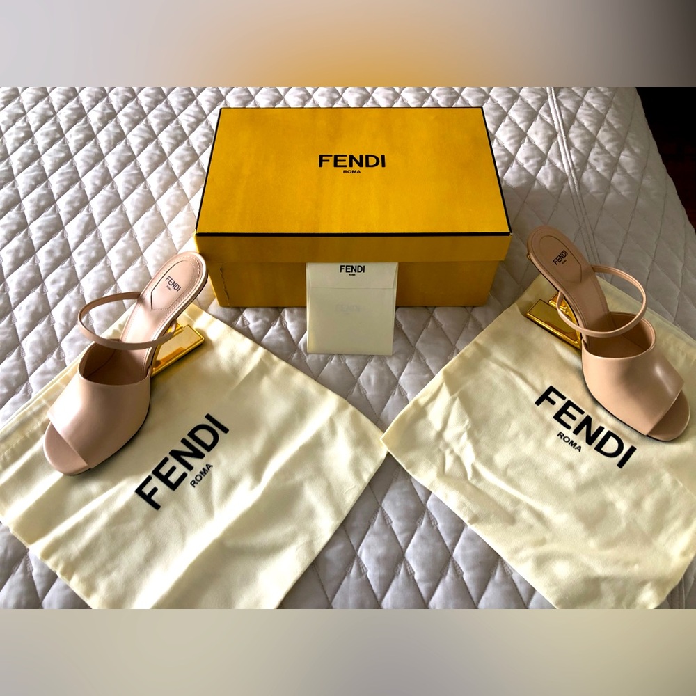 AUTHENTIC, NWT Beautiful, Fendi First Sandal, Blush Color, Gold Fendi Logo Heel